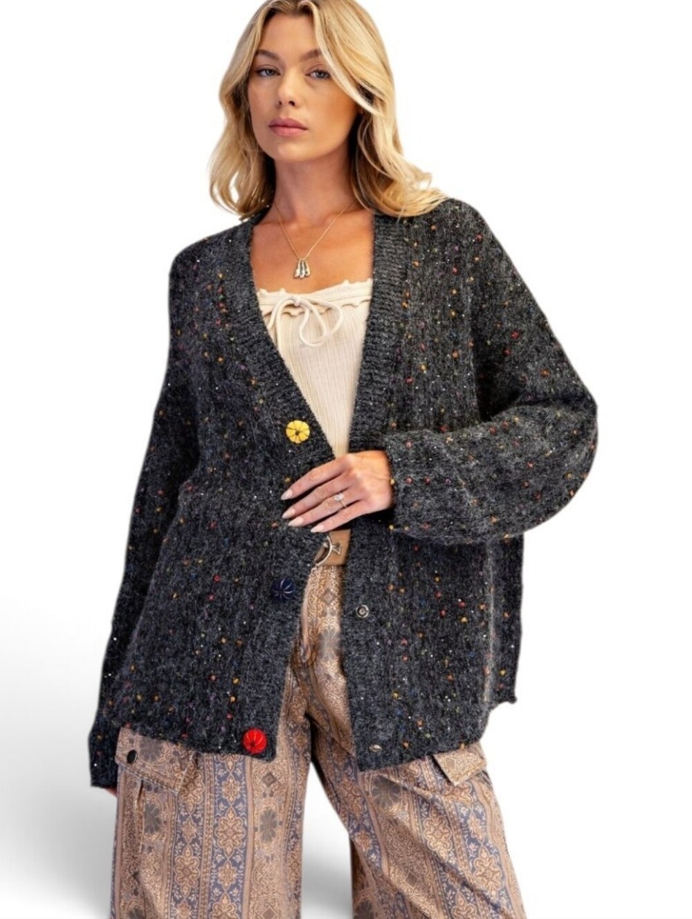 Easel Mini PomPom Knitted Sweater Cardigan